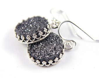 Druzy Earrings - Silver Bezel Sets - Black Drusy Quartz - Round Druzzy Earrings - April Birthstone