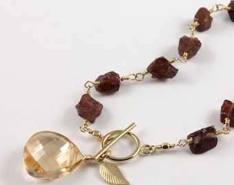 Garnet Bracelet with Toggle Clasp - Mother's Day Gift - 14K Gold Filled Wire Wrapping - Irregular Shape Natural Garnet - Birthstone Gift