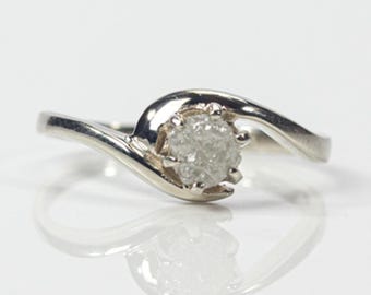 14K White Gold Solitaire Ring - White Raw Rough Diamond - Uncut Unfinished Diamond - Engagement Ring - 5mm Swirl Design - April Birthstone