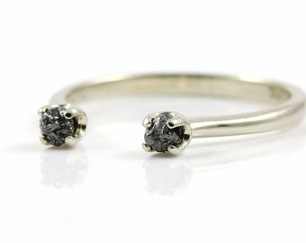 Open Design Ring with Rough Diamonds - 14K Gold Two Stone Ring - Dual Black Raw Diamonds