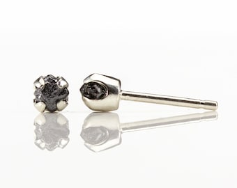 4mm Sterling Silver Post Earrings - Natural Raw Rough Diamonds - 4-Prongs Ear Studs with Black Diamonds - Conflict-Free Uncut Unfinished