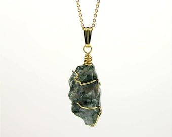 Rough Agate Necklace - 14K Gold Filled Necklace with Irregular Shape Moss Agate - Green Agate Gemstone - Abstract Stone