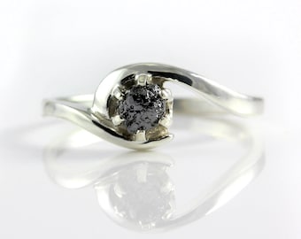 Raw Rough Diamond Ring in Silver - Six Prongs Setting, Large Size - Black Diamond Ring Swirl Design - Engagement, Promise Ring