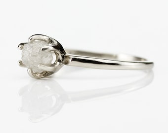 14K White Gold Rough Dimoand Ring - Solitaire Ring with White Raw Diamond - Uncut Conflict Free - Classic Engagement Ring