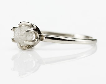 14K White Gold Rough Diamond Ring - Solitaire Ring with White Raw Diamond - Uncut Conflict Free - Classic Engagement Ring