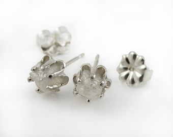 Buttercup Style Post  Earrings with Rough Diamonds - Silver Buttercup Studs - Raw Uncut Diamonds - Conflict Free - White Diamonds Ear Studs