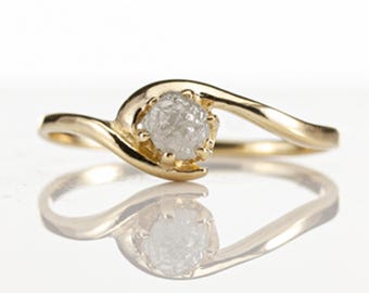 14K Yellow Gold With Rough Diamond - White Raw Uncut Unfinished Diamond - Engagement Ring with Matching Band - Swirl Design
