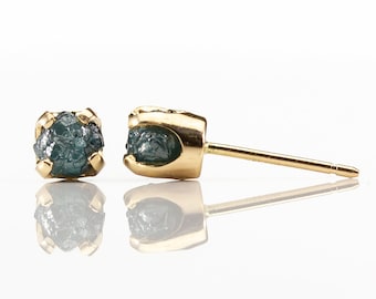 5mm Diamond Post Earrings on 14K Yellow Gold - 1ct Blue Raw Rough Diamonds - Natural Confilict Free Unfinished Diamonds