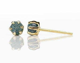 4mm Blue Raw Rough Diamond Gold Earrings - 14K Gold Filled Ear Studs - Rare Blue Uncut Diamonds, Conflict Free