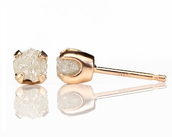 14K Rose Gold Earrings with Rough Diamonds - White Conflict Free Natural Raw Stones - 5mm Gold Post Earrings