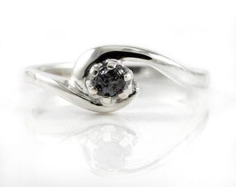 Solitaire Ring Sterling Silver - Black Rough Diamond - Silver Engagement Ring, Swirl Design - Uncut Diamond - Promise Ring- April Birthstone