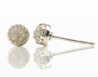 Gallery Wire Stud Earrings with Raw Diamonds - 4mm Sterling Silver Post Earrings - 1.0 ct Natural White Rough Diamonds Conflict Free