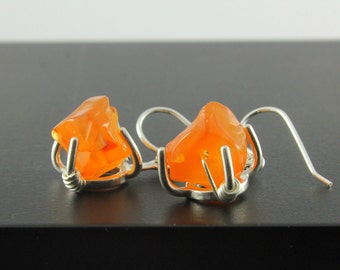 Rough Carnelian Earrings Sterling Silver - Orange Earrings - Rough Gemstone Jewelry