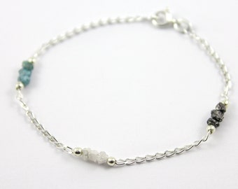 Tri-color Rough Diamond Bracelet - Sterling Silver Bracelet with Raw Diamonds - Uncut Unfinished Diamonds - April Birthstone