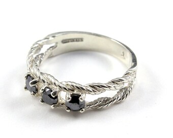 Braided Ring with 3.5mm Polished Black Diamonds - Brilliant-cut Diamonds - Mother’s Ring 14K Gold or Silver - Multi-stone Birthstone