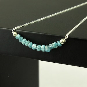 Blue Rough Diamond Necklace - Raw Diamond Bar Necklace on Sterling Silver - Blue Natural Raw Diamonds - April Birthstone