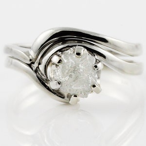 1 Carat Rough Diamond Ring Set - 14K Gold Engagement Ring Set - Swirl Design Ring with Matching Band - White Conflict Free Natural Diamond