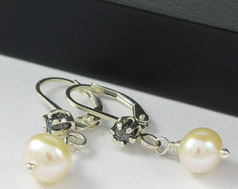 Leverback Earrings with Rough Diamonds and Pearls - Sterling Silver - Conflict Free Black Rough Diamonds - Freshwater Pearls