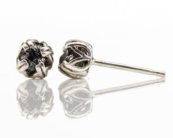 4mm Raw Diamond Post Earrings - Sterling Silver Double-prog Ear Studs - Natural Uncut Rough Black Diamonds