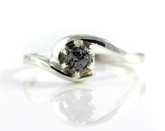 Raw Rough Diamond Ring in Silver - Six Prongs Setting, Large Size - Black Diamond Ring Swirl Design - Engagement, Promise Ring