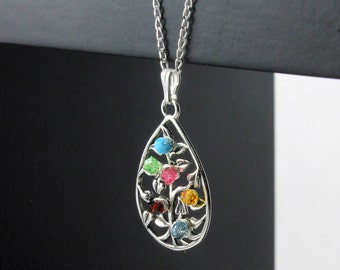 Mother's Day Gift - Tree of Life Necklace - Birthstones Necklace - Wire Wrapped Tree Teardrop - Sterling Silver Family Tree Necklace