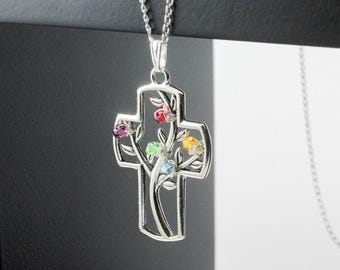 Tree of Life Necklace with Custom Birthstones - Sterling Silver Cross Necklace - Wire Wrapped Tree Pendant - Family Tree Necklace