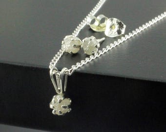 Set of Diamond Necklace and Earrings - White Rough Diamond Necklace with Studs on Sterling Silver - Diamonds Pendant and Ear Studs Set