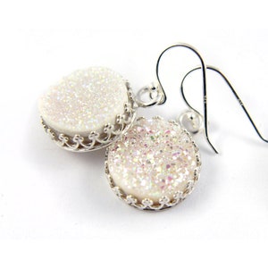 Round Druzy Earrings Sterling Silver - Mother&#39;s Day Gift - Bezel Set Earrings - White Quartz Stones - Natural Drussy - April Birthstone