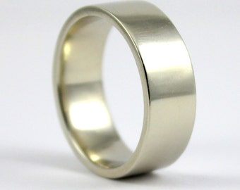 14K Gold Wedding Band for Him - 8mm Flat Design Band Comfort Fit - White Yellow or Rose Gold