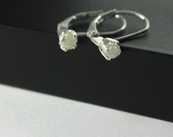 White Rough Diamond Leverback Earrings - Sterling Silver Raw Diamonds - Lever Back Earrings - Natural White Diamonds - April Birthstone