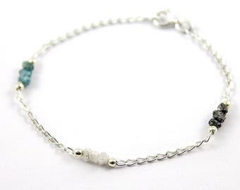 Tri-color Rough Diamond Sterling Silver Bracelet - Raw Uncut Unfinished Diamonds - April Birthstone - Multi-row Diamond Bracelet