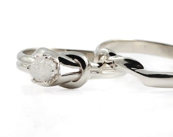 Love Knot Ring Set with White Raw Diamond, Natural - 14K Gold Infinity Ring - Conflict Free Rough Diamond Ring - White Yellow or Rose Gold