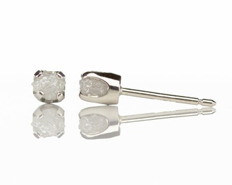 3.5mm Rough Diamonds Earrings on 14K White Gold - Natural Unfinished Raw Stones - White Diamond Studs - Gold Post Earrings