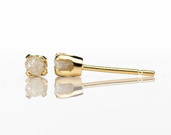 3mm 14K Yellow Gold Post Earrings - White Raw Rough Diamonds - Natural Uncut Stones Diamonds - Gold Ear Studs