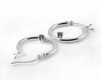 Hoop Earrings with Blue Raw Diamonds - Sterling Silver Earrings - April Birthstone