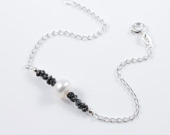 Black Rough Diamond  Bracelet with Initial - Sterling Silver Pearl and Diamond Bracelet - Personalized Raw Diamond Jewelry