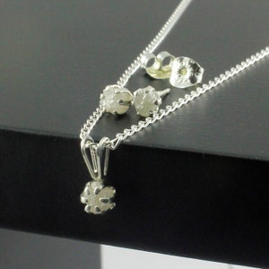 Set of Diamond Necklace and Earrings - White Rough Diamond Necklace with Studs on Sterling Silver - Diamonds Pendant and Ear Studs Set