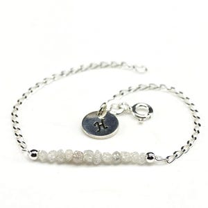 Raw Rough Diamond Bracelet - Silver Bracelet with White Diamonds and Initial Disk - Personalized Tag - Initial Bracelet, Monogram