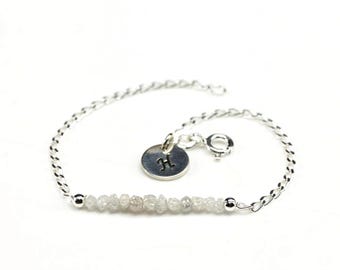 Raw Rough Diamond Bracelet - Silver Bracelet with White Diamonds and Initial Disk - Personalized Tag - Initial Bracelet, Monogram