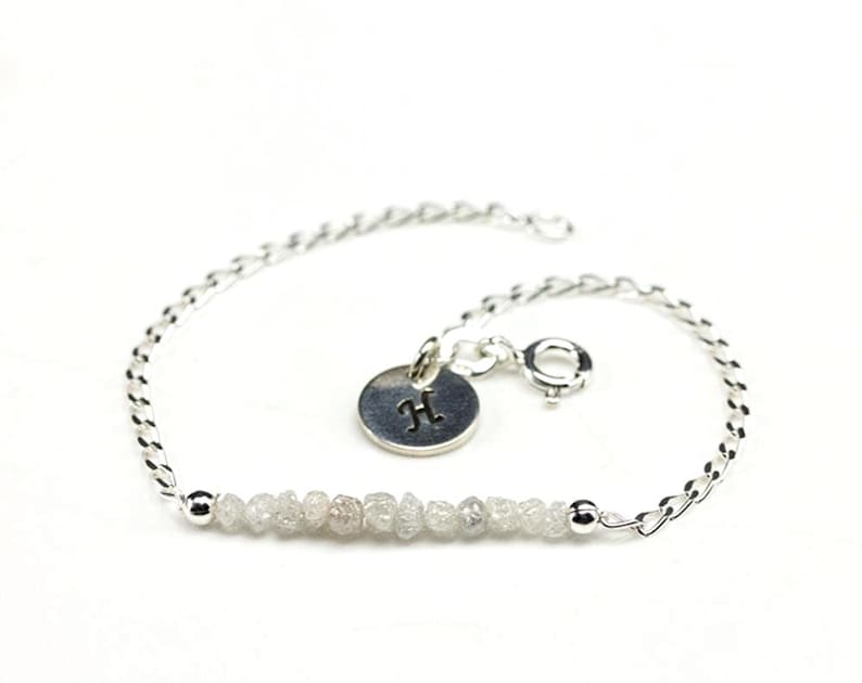Raw Rough Diamond Bracelet - Silver Bracelet with White Diamonds and Initial Disk - Personalized Tag - Initial Bracelet, Monogram image 1