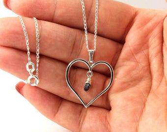 Heart Necklace - Sterling Silver Charm with Rough Diamond - Romantic - Gift For Her