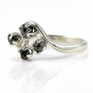 Multi Stone Diamond Ring - Raw Uncut Diamonds - Jet Black Rough Diamond - Silver Engagement Ring, Wedding - April Birthstone