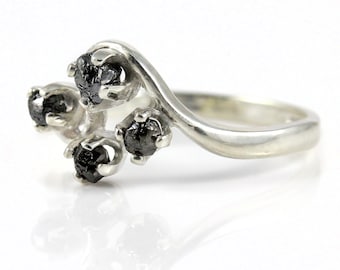 Multi Stone Diamond Ring - Raw Uncut Diamonds - Jet Black Rough Diamond - Silver Engagement Ring, Wedding - April Birthstone