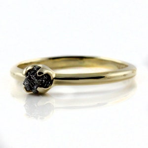 14K Yellow Gold Engagement Ring - Simple Design Ring with Black Diamond - Uncut Unfinished Raw Diamond - Wedding Ring - April Birthstone
