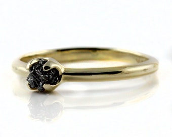 14K Yellow Gold Engagement Ring - Simple Design Ring with Black Diamond - Uncut Unfinished Raw Diamond - Wedding Ring - April Birthstone
