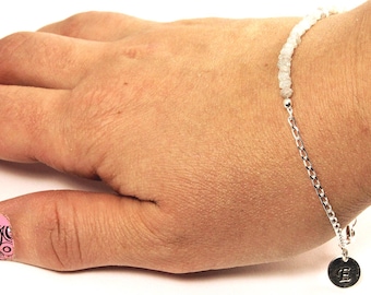 White Rough Diamond Bracelet Sterling Silver - 2 inch Long Diamonds - Initial Disk, Personalized Tag - Silver Initial Bracelet, Monogram