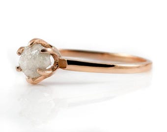 14K Rose Gold Rough Dimoand Ring - Solitaire Ring - White Raw Diamond - Uncut Conflict Free - Classic Engagement Ring - April Birthstone