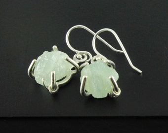 Rough Aquamarine Earrings in Sterling Silver - March Birthstone - Rough Gemstone Jewelry