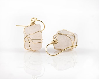 Wire Wrapped Natural Rough Rose Quartz Earrings - Mother's Day Gift - Large Pink Semi-Transparent Quartz - Birthstone Gift