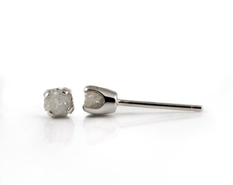 3.5mm White Rough Diamond Studs - 14K White Post Earrings - Natural Conflict Free Raw Diamonds - Ear Studs